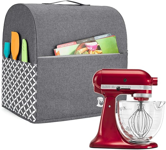 YARWO Stand Mixer Dust Cover Compatible with KitchenAid Mixer 4.5 qt -5 qt | Top Handle, Side Pockets for Kitchen Accessory, Dust-proof Protective Cover for Tilt-Head 4.5/5 qt, Washable, Gray with Grid