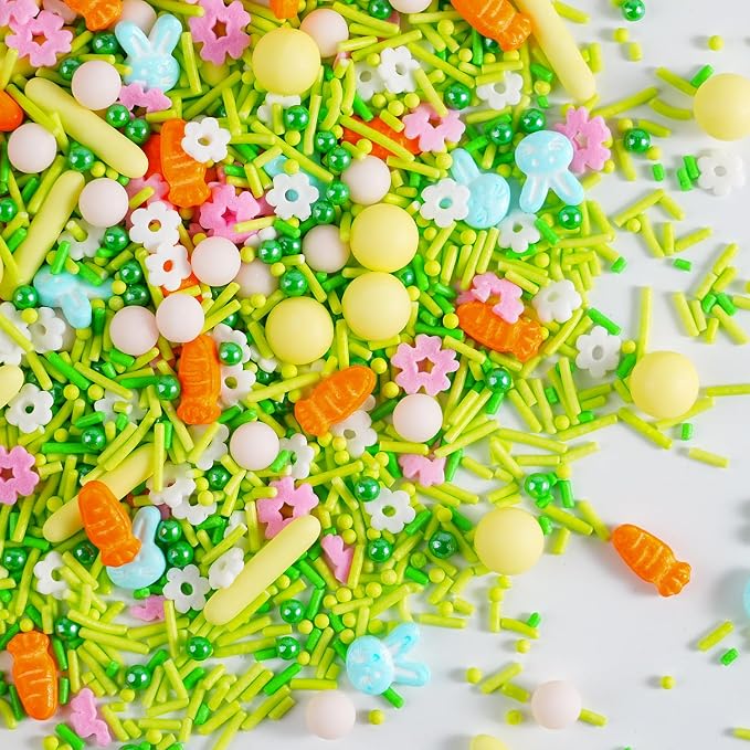 Easter Sprinkles Mix, 4.23 oz Pastel Bunny Rabbit and Carrot Flower Confetti Jimmies, Nonpareils for Cake Decorating, Cookie, Cupcake, Ice Cream Topper, Baking Toppings - Spring, Birthday Party Supplies