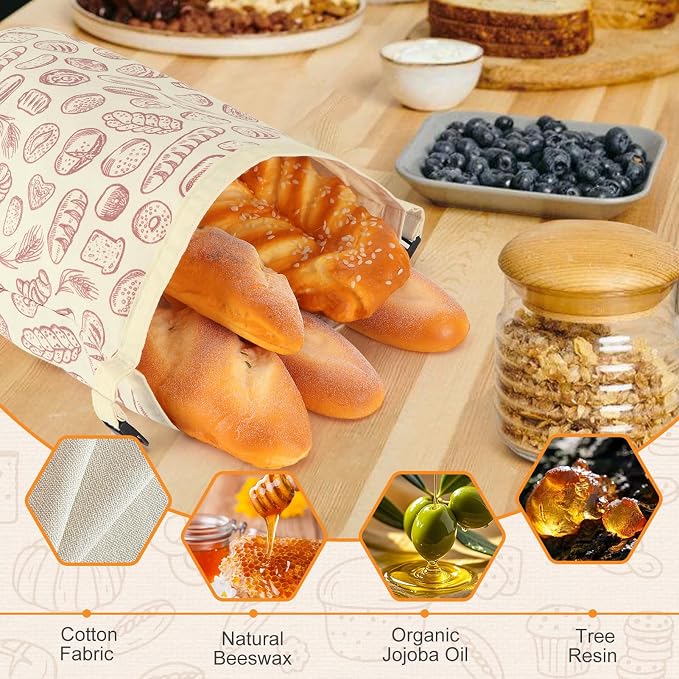 2 PACK Beeswax Sourdough Bread Bags for Homemade Bread, Reusable Cotton Beeswax Bread Bag Portable Waxed Storage All Natural Bees Wax Linen Bag Keep Fresh,13''×17'', 03