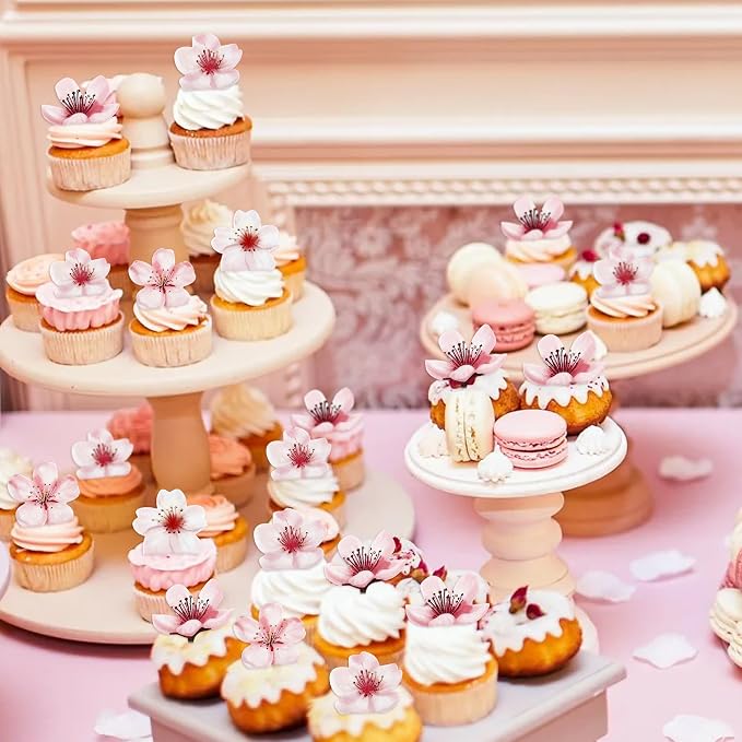 40Pcs Edible Cherry Blossom Cupcake Toppers Spring Flower Blossoms Cupcake Picks for Cherry Baby Shower Bridal Shower Engagement Floral Wedding Girls Birthday Cupcake Decorations