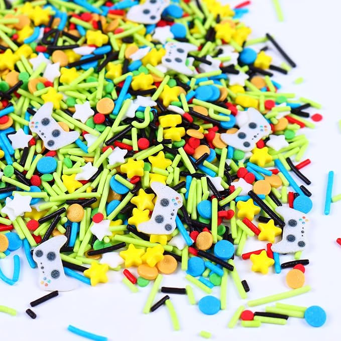Edible Sprinkles for Cake Decorating, Green Yellow Sprinkles Mix with Game Wafer Papers, 3oz Game Themed Sprinkle for Baking, Cupcakes, Ice Cream, Cookie, Chocolate Decorating