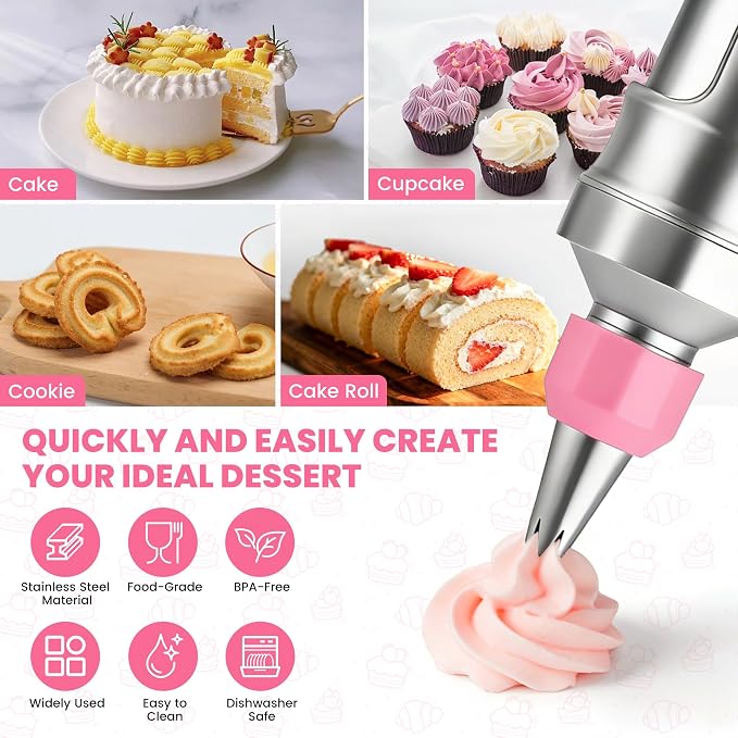 Dessert Decorating Syringe Set - Cupcake Icing Piping Kit, Cupcake Frosting Filling Injector with 54 Piping Icing Nozzles, 9 Silicone Cupcakes, 3 Cream Scrapers -for Cake,Cupcakes,Cookie (69Pcs-Pink)
