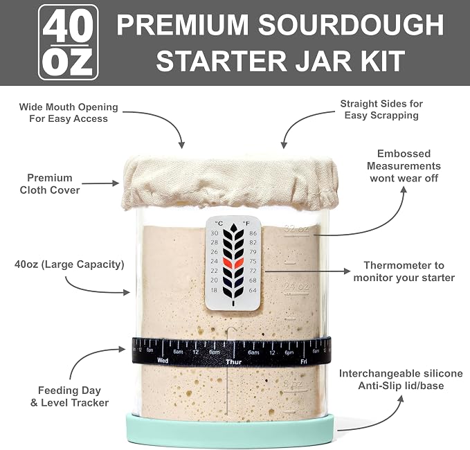 Premium Sourdough Starter Jar - 40oz Large Sourdough Jar with Marked Feeding Band, Scraper, Cloth Cover and Silicone Lid/Base, Wide Mouth Starter Kit - Mint