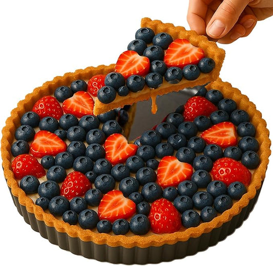 11 Inch Quiche Pans with Cake Server. Removable Bottom, Non-Stick Coating, Rugged Carbon Steel for Tart Quiche Pie Baking. Gift for Women Wife Christmas Thanksgiving Party Festival Family