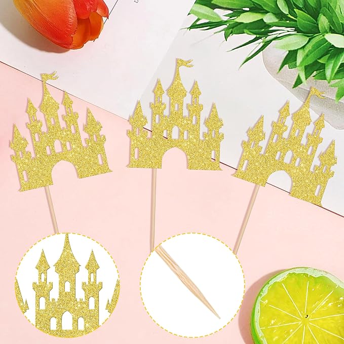 24 PCS Castle Cupcake Topper Princess Cupcake Toppers Castle Theme Birthday Party Decorations Queen Castle Cupcake Picks for Princess Prince Birthday Baby Shower Party Cake Decorations Supplies Gold
