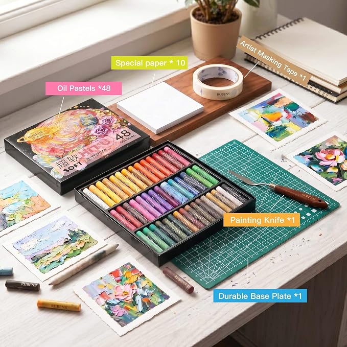 rubens 48 Soft Oil Pastels Set with 30 Sheets, Knife, Board, Tape for Beginners