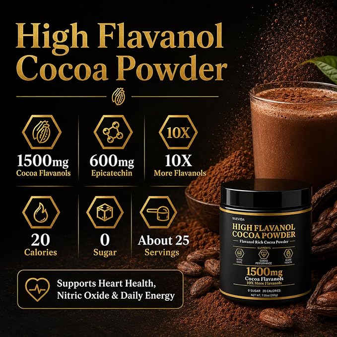 High Flavanol Cocoa Powder, 1500 mg Flavanols & 10X Concentrated Cocoa Extract with 600mg Epicatechin, Supports Heart Health, Nitric Oxide & Energy – Used To Relieve Afternoon Fatigue
