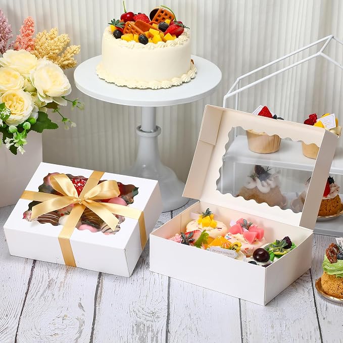 COTOPHER Auto Pop Up Cookie Box with Window 8x6x2.5 Inches – 50 Pack White Bakery Boxes with Gold Ribbon for Birthday Party Favors, Wedding, Christmas Gift Packaging for Cookies, Candy, Macarons