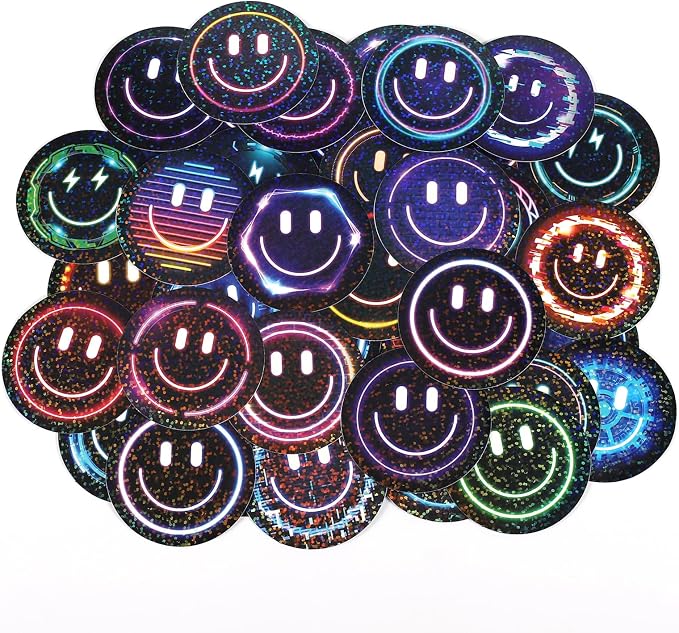 50PCS Smile Neon Stickers | Glitter, Waterproof, PVC Material
