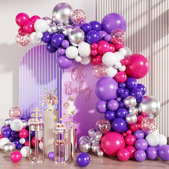 MEBAY Hot Pink Purple Silver White Baloon Garland Arch Kit, 147Pcs Latex Balloons Different Sizes 18 12 10 5 inch for Women Girls Wedding Birthday Baby Shower Party Decorations