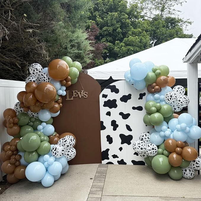 Cowboy Blue Green Brown Balloon Garland Arch Kit, 144Pcs Light Pink Sage Green Cream Cow Balloons for Birthday Baby Shower First Rodeo Cowboy Western Themed Party Decorations