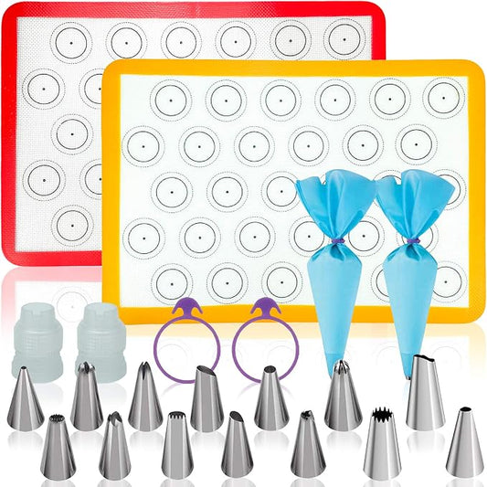 Macaron Baking Kit Silicone Mat(22 Pcs Set), Macaron Baking Supplies, Baking Set of 2 Half Sheet Macaron Silicone Mats (16.5"x11.5"), 14 Piping Tip, 2 Piping Bag,2 Bag Tie, 2 Coupler