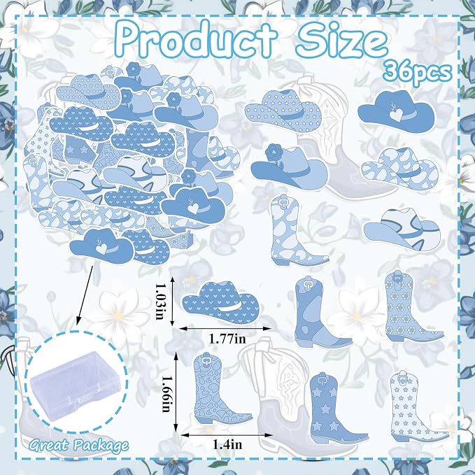 36PCS Edible Cowboy Cupcake Toppers Wafer Paper Blue Horse Boots Hat Cupcake Picks Edible Rodeo Cake Decorations for Western Horse Racing Theme Birthday Baby Shower Party Supplies