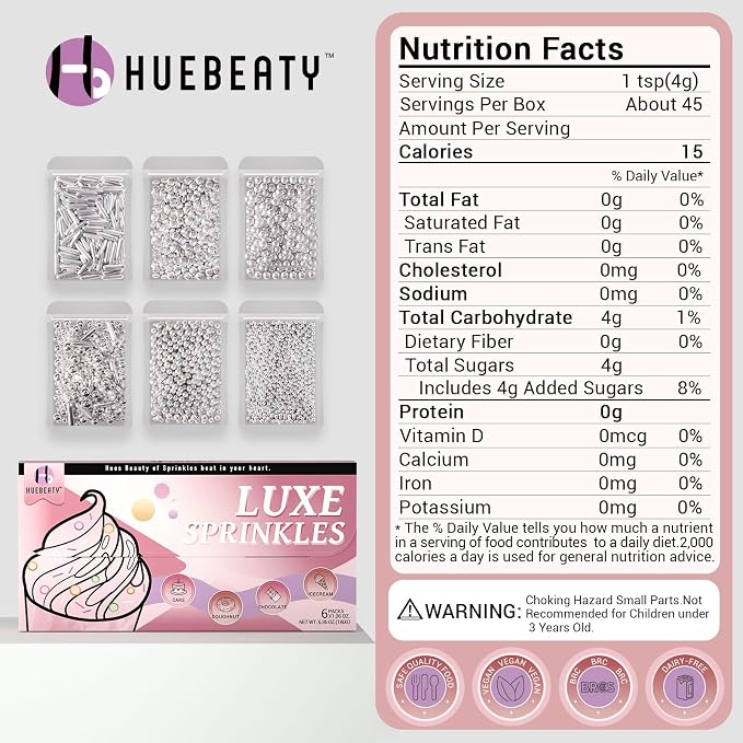 HUEBEATY 6-in-1 Metallic Silver Cake Pearls Sprinkles – Silver Galaxy Star Sprinkles for Cake Decorating, Cupcakes, Cookies & Ice Cream | 180g/6.36oz | Space, Wedding, Birthday Cake Decorations