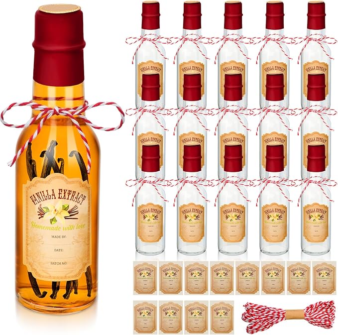 Tioncy 16 Pcs Empty Vanilla Extract Bottles for Homemade Vanilla Jar Glass Bottle with Cap, Shrink Band, Sticker DIY Crafts Wedding Gift Food Storage Canister for Bean(Red,5 oz)