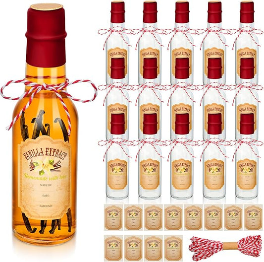 Tioncy 16 Pcs Empty Vanilla Extract Bottles for Homemade Vanilla Jar Glass Bottle with Cap, Shrink Band, Sticker DIY Crafts Wedding Gift Food Storage Canister for Bean(Red,5 oz)
