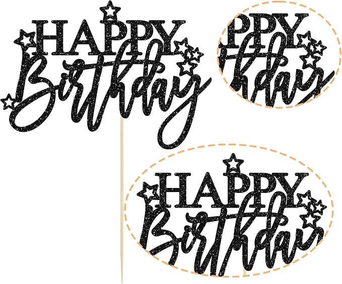 Gyufise 1Pcs Happy Birthday Cake Topper Glitter Happy Birthday Cake Pick for Celebrating Happy Birthday Anniversary Theme Party Cake Decorations Supplies Light Black
