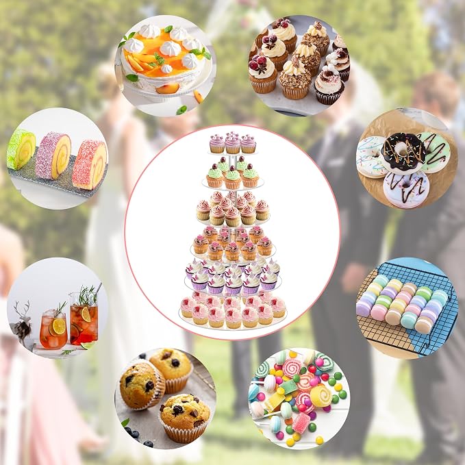 YestBuy Cupcake Stand, 6 Tier Large Cupcake Tower Display, Round Cupcake Holder, Acrylic Dessert Stand, Pastry Display Tree for Party, Wedding, Baby Shower
