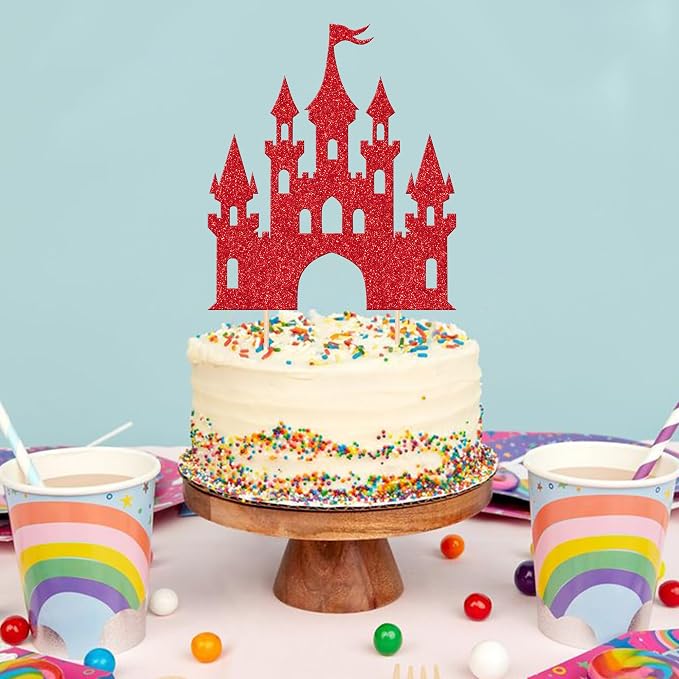 1 PCS Princess Castle Cake Topper Glitter Princess Cake Topper Queen Castle Theme Birthday Party Cake Decoration for Girls Princess Baby Shower Happy Birthday Party Decorations Supplies Red