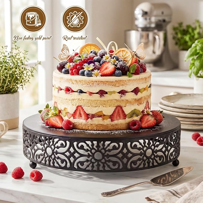 Wenqik 12 Inch Cake Stand Round Metal Cupcake Dessert Wedding Cake Stand Cookies Display Holder Fruit Food Serving Tray for Table Wedding Birthday Anniversary Party Decor (Black)