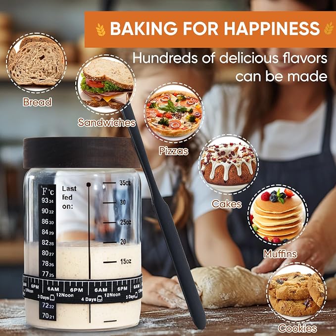 77L Sourdough Starter Jar, 35 oz Sourdough Starter Kit with Date Marker Feeding Band, Thermometer, Food-Grade Scraper, Cloth Cover and Acacia Wood Lid, Sourdough Bread Baking Supplies 2 Pack