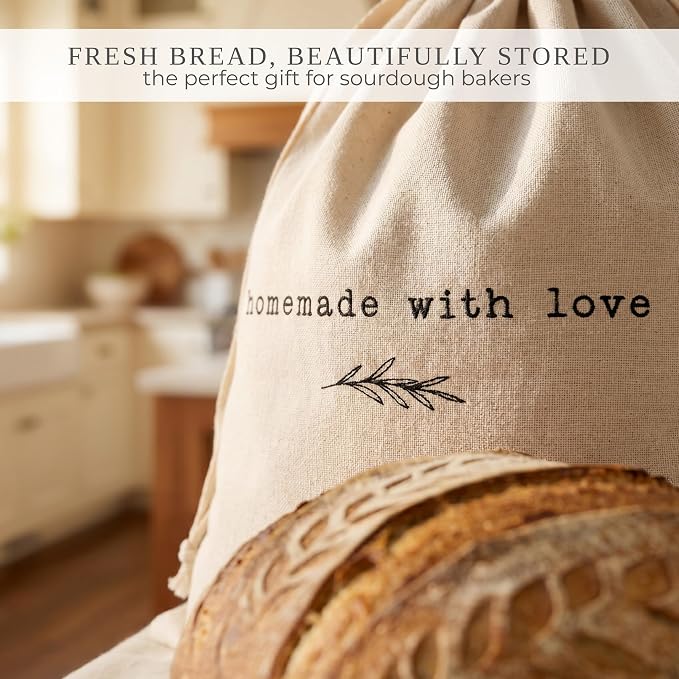 KIBAGA Beautiful Linen Bread Bag Set and Proofing Cover For Homemade Sourdough Bread - Keeps Your Loaf Fresh for Days - Reusable and Easy to Clean Storage Bag, The Perfect Baking Accessories