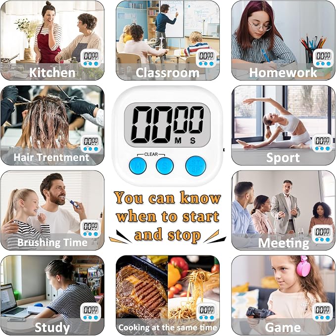 ZILLEEN 12 Pack Kitchen Timers for Cooking Digital Classroom Timers for Teachers Kids White Blue Green