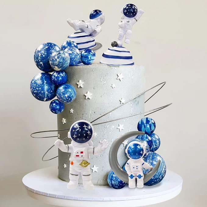 Astronaut Figurines Space Cake Toppers Blue Star Ball Cake Toppers for Space Theme Party Kids Birthday Party Baby Shower Supplies (Royal Blue)