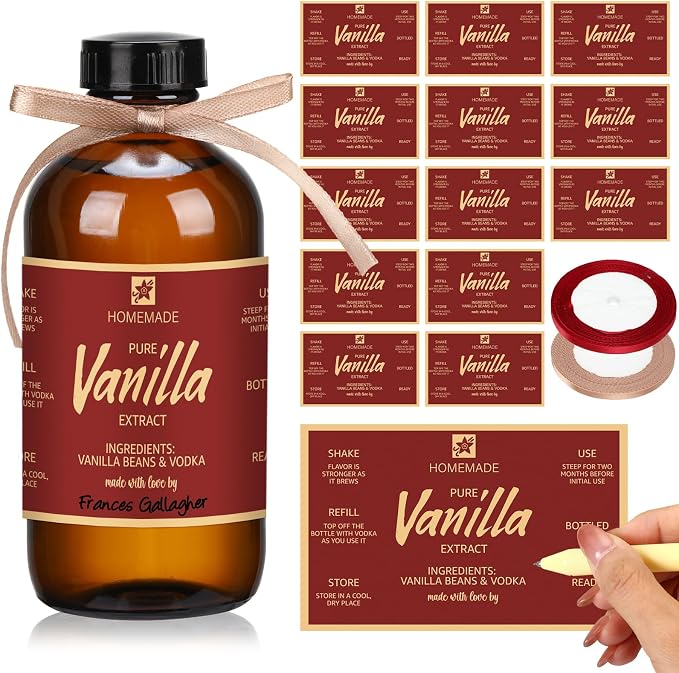 Fulmoon 24 Pcs Vanilla Extract Labels Homemade Vanilla Extract Stickers Bottle Labels with Ribbon Gift Stickers for 4oz, 8oz Handcrafted Bottles Wedding Gifts(Retro)