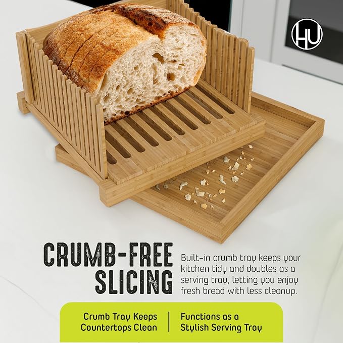LHU Bamboo Wooden Bread Slicer for Homemade Bread Kit with Adjustable Slicer Guide, 12-Inch Bread Knife and Bread Bag- Rubber Base Grips - Sourdough Bread Cutter, Round Bread Loaf Slicer