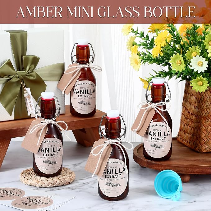 Vesici 12 Sets Swing Top Glass Bottles Set Amber Homemade Vanilla Extract Bottles Vanilla Extract Jars for Christmas DIY Crafts (6.6 Oz)