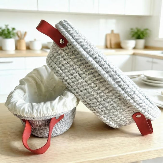 Banneton Sourdough Bread Proofing Baskets,Oval Cotton Rope Sourdough Proofing Basket with Liners & Covers for Sourdough & Artisan Bread Baking (Gray Oval Banneton – 2 Pack (Solid + Stripe))