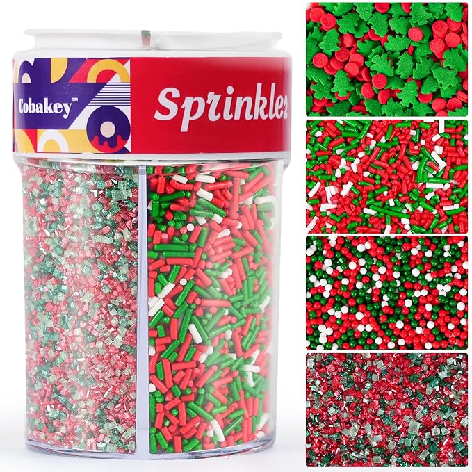 Christmas Sprinkles Mix 4 Cell Holiday Assortment 6.5 oz Edible Red Green White Jimmies, Nonpareils, Christmas Tree Confetti & Sanding Sugar for Cakes Decorating Xmas Cookies, Cupcakes & Holiday Desserts