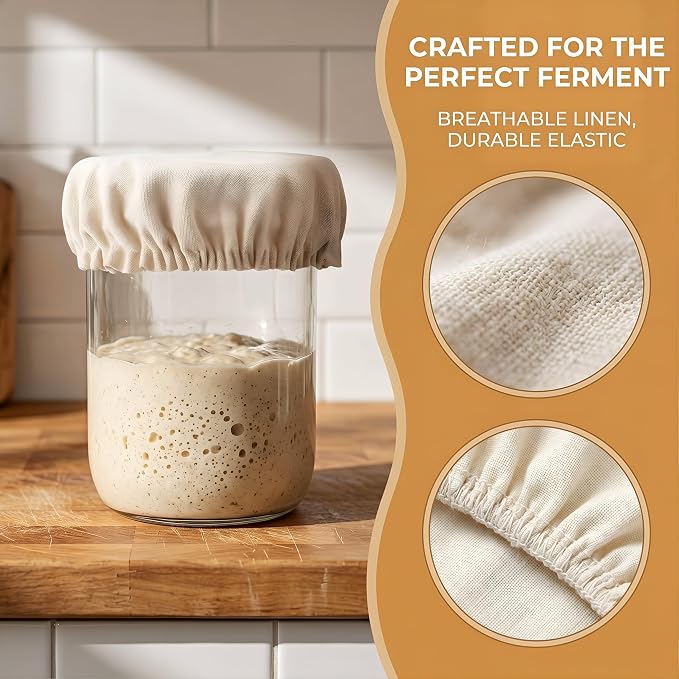 6 Pack Sourdough Starter Jar Covers - Reusable Unbleached Linen Cloth Covers for 3-4 Inch Mason Jars, Breathable Fermentation Covers for Sourdough Bread Proofing