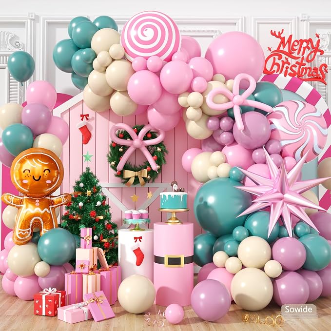 Christmas Balloon Arch Kit, Sage Green Nude Pink Purple Balloons with Lollipop Candy Gingerbread Man Star Foil Balloons for Xmas Holiday Winter Birthday New Year Party Decorations