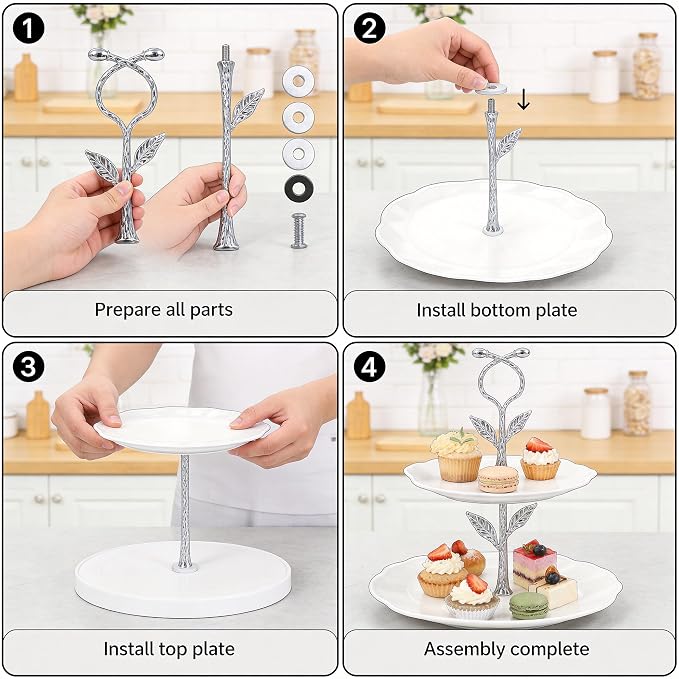 2 Tier Silver Cake Stand Tiered Tray Hardware Kit,Dessert Plate Hardware | Metal Heavy Duty Dessert Fruit Plate Holder Parts with Vine pattern Decor for Wedding Party