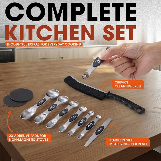 Magnetic Stove Top Shelf 30 Inch - Stainless Steel Over Stove Spice Rack Organizer - Magnetic Stove Shelf for Flat & Curved Stoves - Kitchen Storage Shelf with Measuring Spoons & Brush