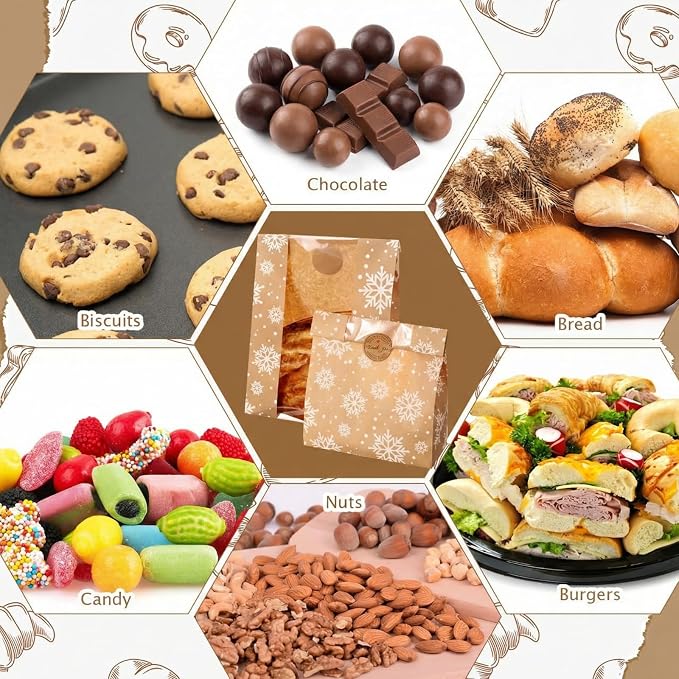 Feifeiya 100 Pack Kraft Paper Bread Bags for Homemade Sourdough Bread with Window & Stickers, 13.7x8.3 Large Bakery Bags for Loaves Greaseproof Food Packaging for Baking Gifts, Brown(Snowflake)