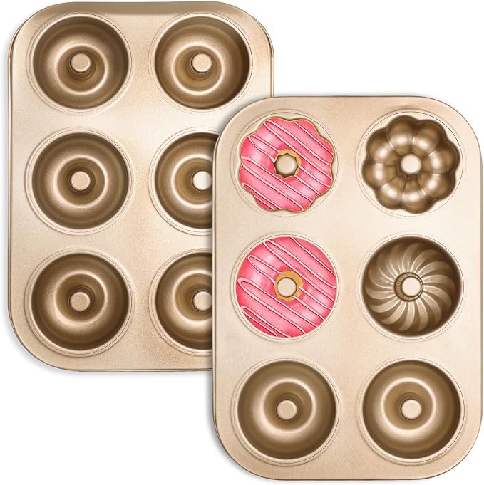2PCS Donut Pan Carbon Steel 6-Cavity Donut Pan for Baking Doughnut Nonstick & Easy Clean & Dishwasher Safe Donut Mold for Cake, Dessert & Bagel (Champagne Gold)