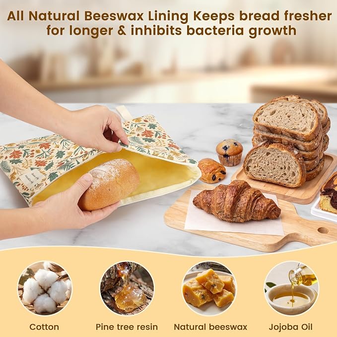 2 Packs Wide Zipper Access Beeswax Bread Bags for Homemade Bread,17"x12.6"Reusable Organic Beeswax Linen Cotton Sourdough Bag,Food Storage Bag,Freezer-Friendly with Water-Resistant Zip to Keep Fresh 1