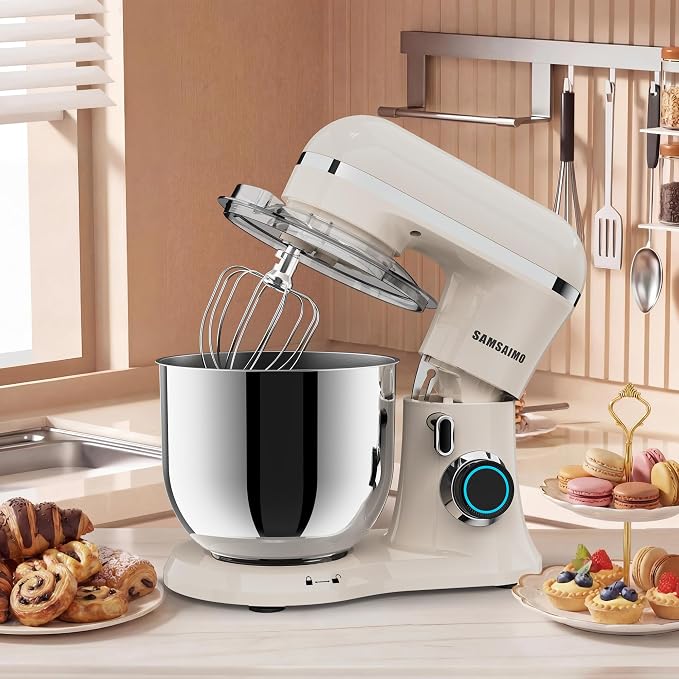 SAMSAIMO 3-IN-1 Electric Stand Mixer, 10-Speed With Pulse Button, Attachments include 6.5QT Bowl, Dough Hook, Beater, Whisk for Most Home Cooks (Almond Cream)