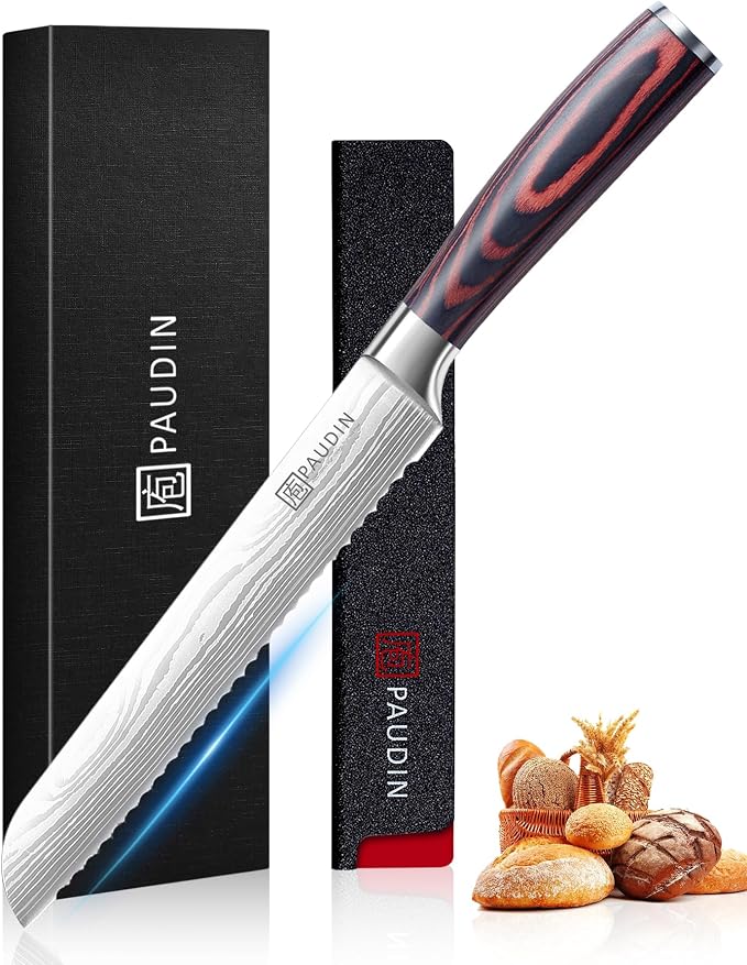 PAUDIN Bread Knife 8", Ultra Sharp Wave Edge - Forged Premium German HC Stainless Steel, Serrated Bread Knife for Homemade Bread and Sourdough Bread, Pakkawood Handle