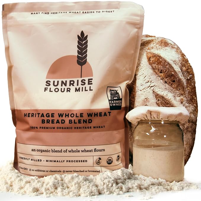 Sunrise Flour Mill Heritage Whole Wheat Bread Blend - 5 lb | USDA Organic All Purpose Flour Unbleached - Non-GMO, Kosher, Grown Without Glyphosate, Ancient Grains, Bread Flour Organic.