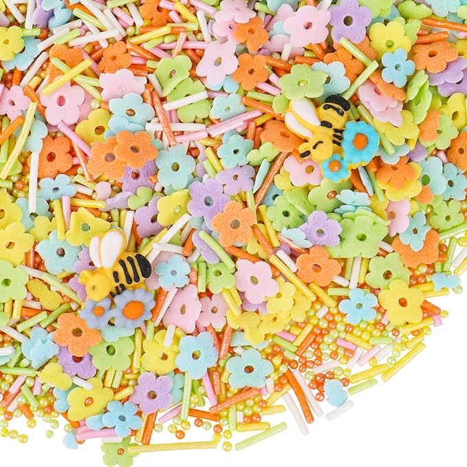 Flower Sprinkles for Cake Decorating, 4.6oz Edible Spring Summer Colorful Sprinkles with Flowers Bees Green Pearls for Cake Cupcake Baking Cookie Toppings