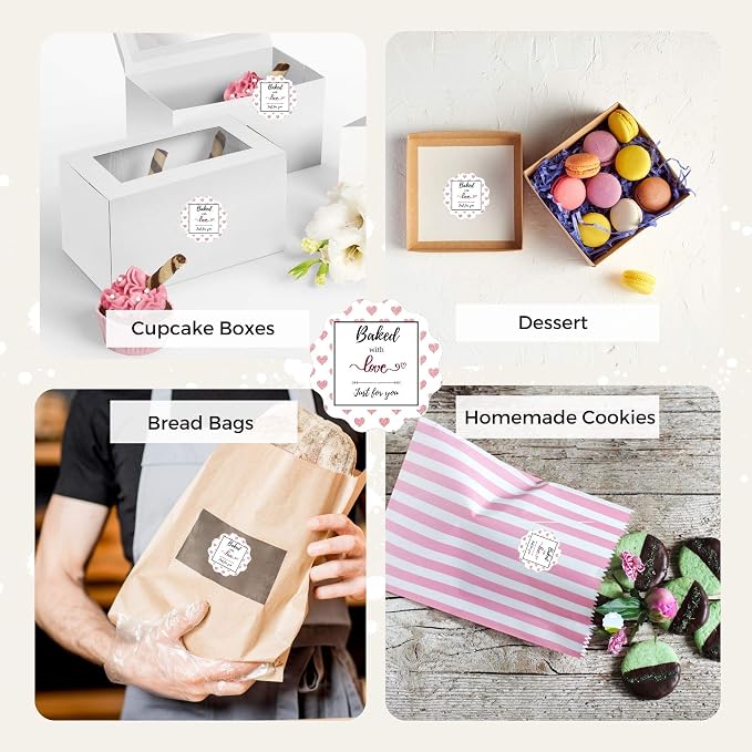 Mobiusea Creation Baked with Love Stickers Roll | Scalloped Cut | Waterproof | 1.5 inch | 500 Labels for Cookie Cupcake Stickers Homemade Bakery Bread Bags Labels Baked Goods Packaging