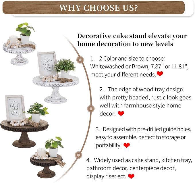 Hanobe Round Wood Cake Stand: Cupcake Pedestal Stand 12 inch Dessert Display Riser Distressed Rustic Cakes Holder Tray Vintage Beads Wooden Plate for Christmas Wedding Birthday Decor