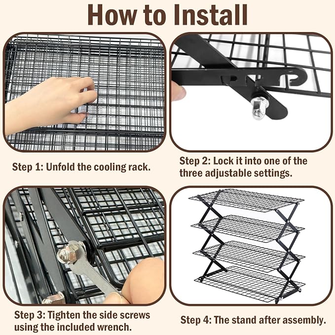 Collapsible Cooling Rack with Adjustable 3 Setting Design, 2/3/4-Tier Upgraded Heavy Duty Wire Cooling Rack, Stackable Baking Cooling Rack for Cookies, Bread & Roasting, Cookies Baking Gifts