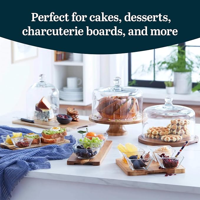 Libbey Acacia Wood Cake Stand with Lid, Footed Cake Stand With Cover, Durable Ball Top Handle Glass Dessert Dome