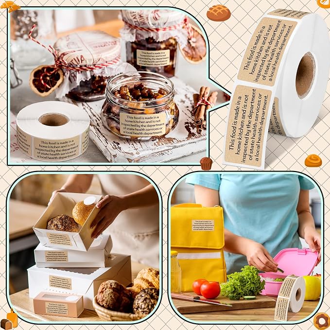 Marspark 500 Count Cottage Food Law Labels Stickers Made in A Home Kitchen Inspection Statement Thermal Printed Labels for Home Kitchen (2 x 1 Inch,Classic,Kraft)