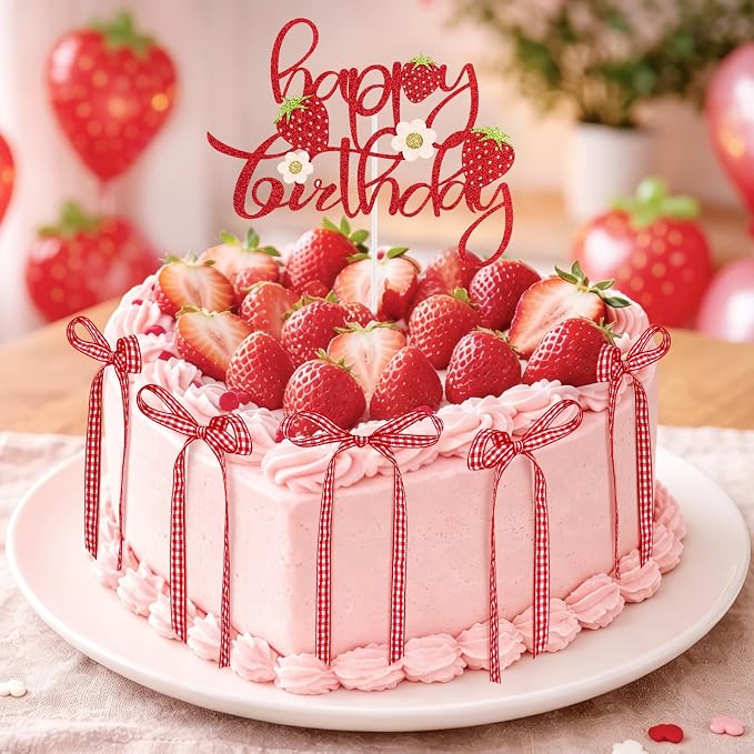 Hooqict 7Pcs Strawberry Cake Decorations Set with Happy Birthday Cake Toppers and Bows for Girls Sweet Strawberry Baby Shower Berry 1st Birthday Party Decorations Supplies